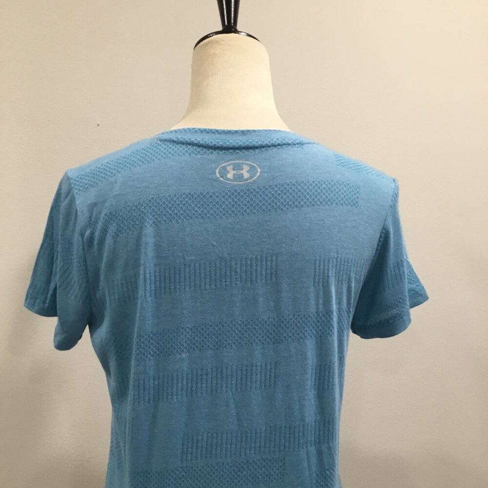 UNDER ARMOUR Short Sleeve Blue V Neck HeatGear Moisture Wick Stretch Shirt Top - Picture 8 of 8